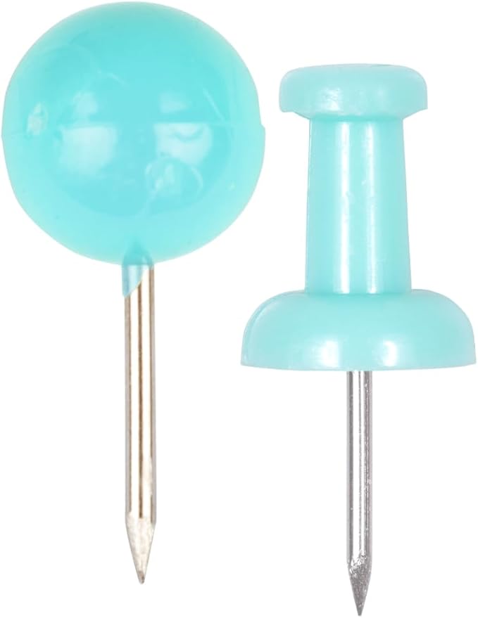 JAM PAPER Colorful Push Pins - Flat & Round Head Thumb Tack Combo Set - Teal Pushpins - 200/Pack