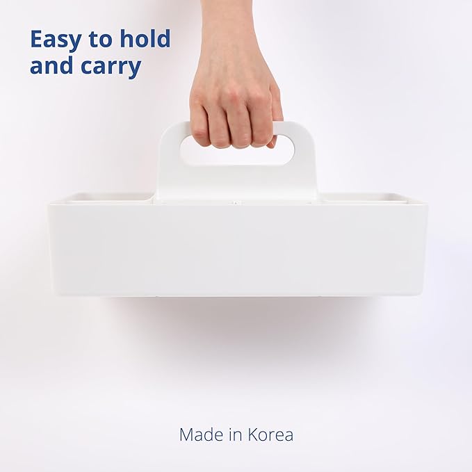 BLUE GINKGO Stackable Organizer Caddy – Korean-Made Portable Tote for Bathroom, Office, Crafts, or School Supplies (Long Rectangle, White)