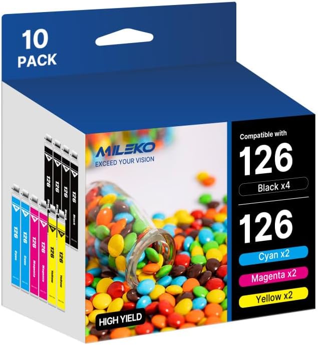 126 Ink Cartridges Remanufactured Replacement for Epson 126 Ink Cartridges for Epson 126 T126 Ink use for Epson Workforce WF-3520 WF-3540 WF-7010 435 545 645 845 60 Stylus NX430 (10 Pack,126 Ink)