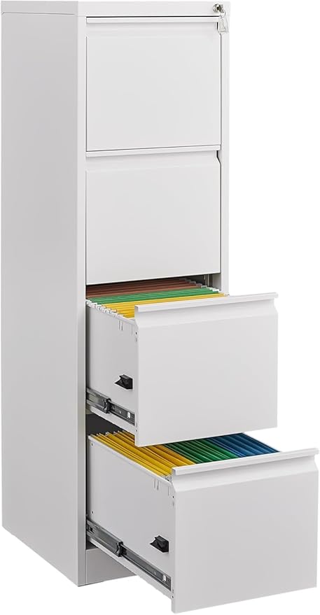 4 Drawer File Cabinet with Lock, Vertical File Cabinets for Home Office, Metal Filing Cabinets, Heavy Duty Steel Lockable Filing Storage Cabinet for Letter/Legal/A4/F4 Size Files, White