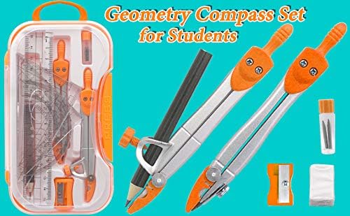 Maths Compasses for Geometry Student Drafting Compass Set Starter Kit with Protractor, Set Squares with Case for School Maths Study, Orange