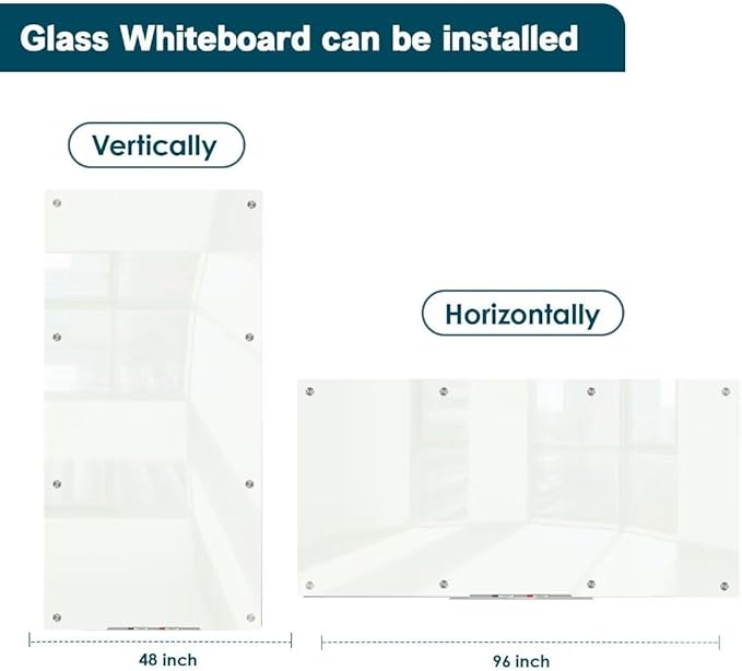 J&J worldwide Glass Dry Erase Board 8' x 4', Glass Whiteboard Magnetic, Large Frameless Glass White Boards for Walls, Includes Magnets, Marker Tray, Eraser for Office, Home, School