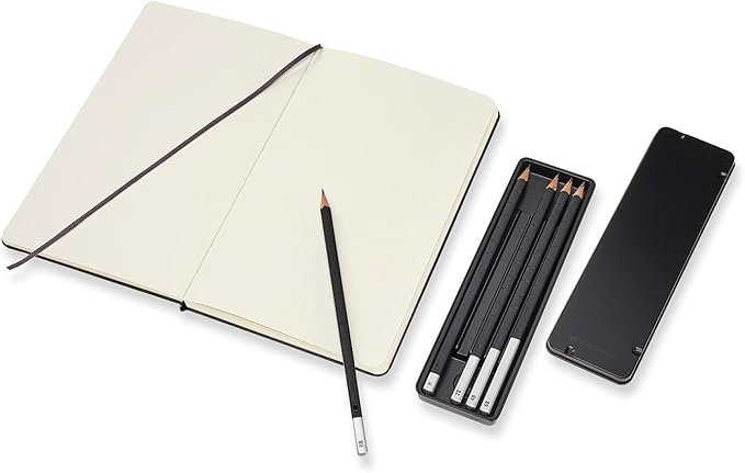Moleskine Art Collection Sketching Kit - Sketchbook Large + Drawing Pencils Set, Large, Plain, Black, Hard Cover (5 x 8.25) 104 Pages