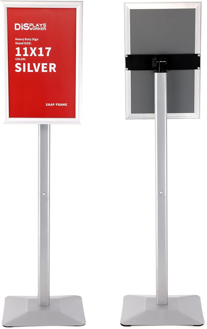 DISPLAYSWORKER Adjustable Heavy Duty Pedestal Sign holder floor Stand,sign stand poster stand Aluminum Snap Open Frame,Standing Floor for 8.5x 11 inch,Vertical/Horizontal View,SILVER