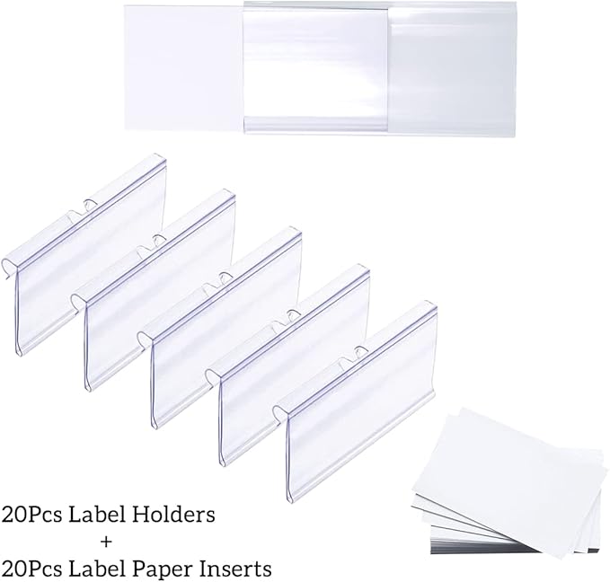 Diteje 20 Pack Plastic Wire Shelf Label Holder,Shelving Rack Retail Sign Hook Labels Clip On with Paper Inserts,2.36x1.50inch