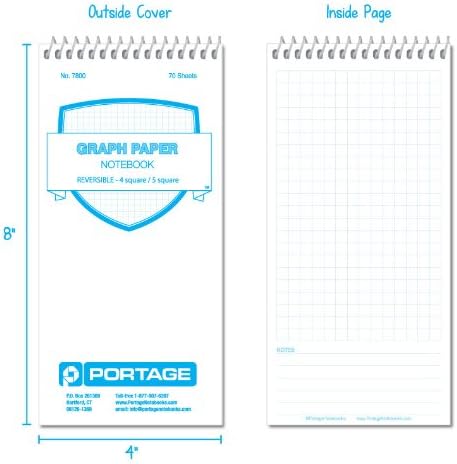 Portage Graph Paper Notebook – Top Bound Spiral Grid Notepad, Small Graph Notebook Writing Pad, Grid Paper, Reversible 4 Square / 5 Square with Notes Template, Extra Thick Cover For Extra Stability –