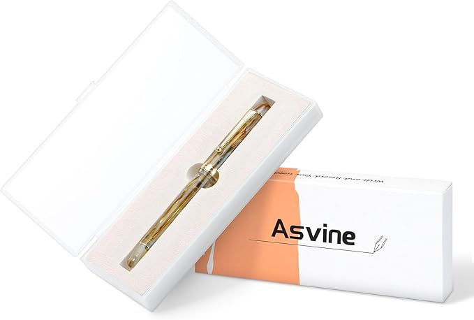 Asvine V126 Vacuum Filling Fountain Pen Fine Point, Brown Swirl Transparent Acrylic Pen Gift Case
