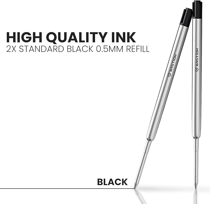BASTION® Premium Pen Refill, Deeply Pigmented Ink for All Bastion Bolt Action Luxury Pens, Standard Ink Refill with 0.55mm Fine Tip - Black, 2 Pieces