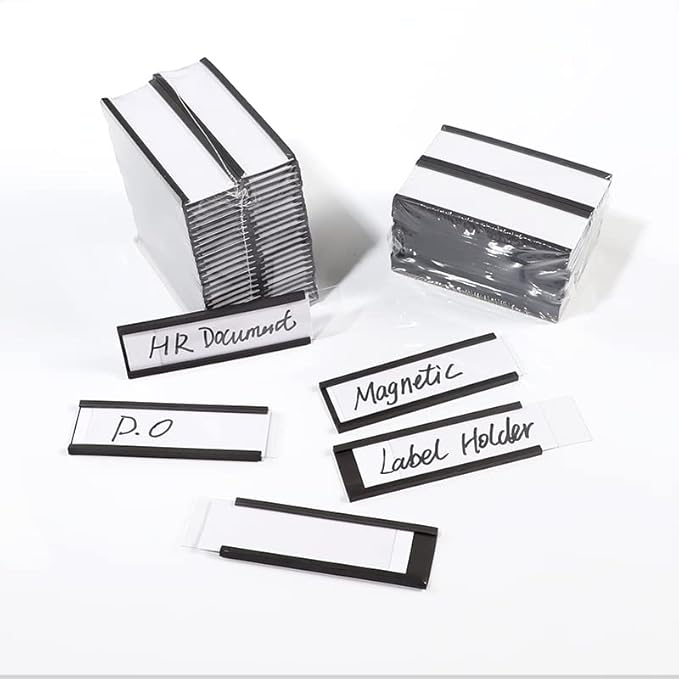 C Channel Magentic Label Holders 1x3 Inches with Paper Inserts and Clear Plastic Protectors, Pack of 30, Magnetic Data Card Holders File Cabinet Labels