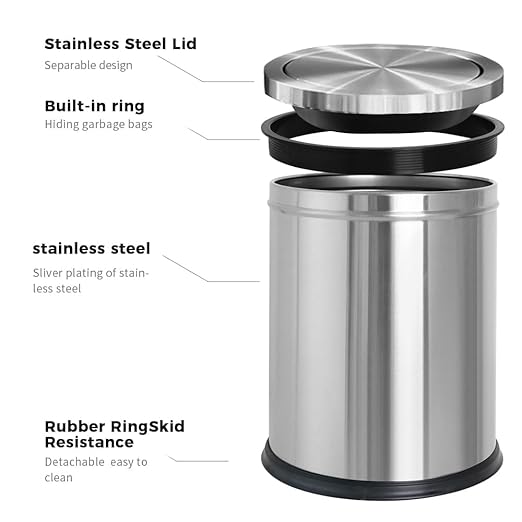 15L/4GAL Silver Stainless Steel Bathroom Garbage can, Bathroom Trash Can with Flipping Lid,Brushed Nickel Gaebage Can for Bedroom,Living Room,Office,Hotel,Shop,Restaurant (15L-Silver)