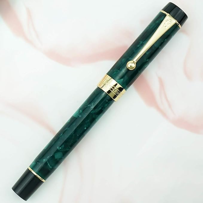 Jinhao 100 Fountain Pen Celluloid Classic Style, #6 Nib Smooth Writing Instrument with Refillable Converter and Pen Case Set