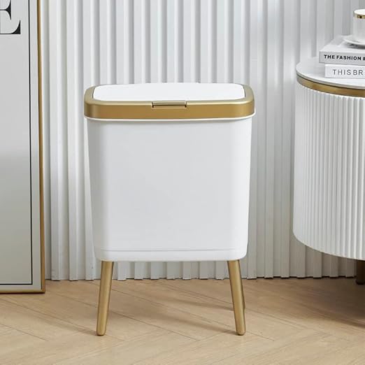 Procade 2Pack White Trash Can with Lid, Bathroom Trash Can with Gold Edge, Narrow Modern Garbage Can for Bedroom, Slim Plastic Trash Bin for Room,Kitchen, Living Room, Office,4 Gallon