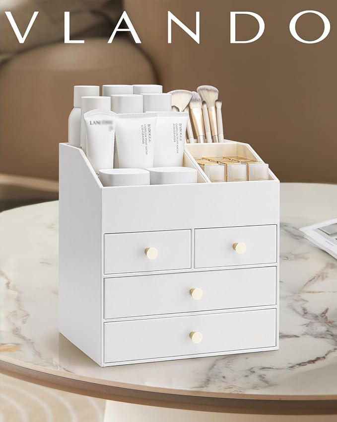 Vlando Makeup Organizer Countertop,Large Vanity Organizer PU Leather Make up Storage with 4 Drawers Skin care Organizer Cosmetic Display Case for Lipstick,Brushes,Bedroom-White