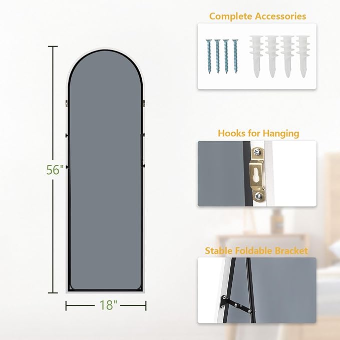 MELOMOIR 56"x18" Arched Full Length Mirror, Free Standing Leaning or Hanging, Thin Aluminum Frame, Tempered Glass, Suitable for Living Room Bedroom Cloakroom Hallway Home Gym, White