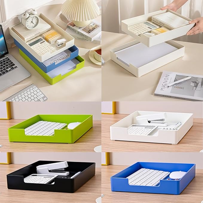 Letter-Size Tray, 2PCS Desk Drawer Organizer, A4 Plastic Paper Tray, Stackable Plastic Paper Holder File Organizer for Office, School, Home Storage (2X Black)