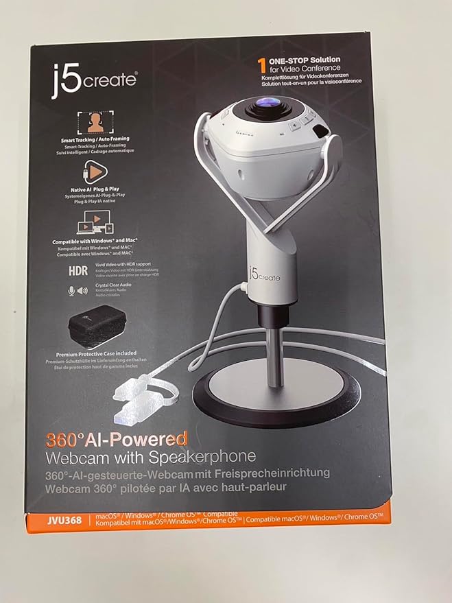 j5create 360 All Around AI-Powered Conference Room Camera with Speakerphone, Smart-Tracking, Auto-Framing, Include a Remote Control (JVU368)