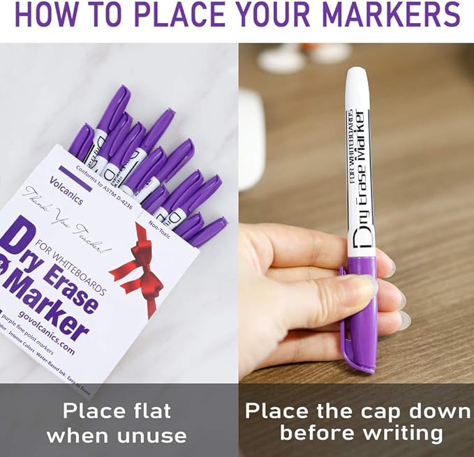 Volcanics Purple Dry Erase Markers Low Odor Fine Whiteboard Markers Thin Box of 12