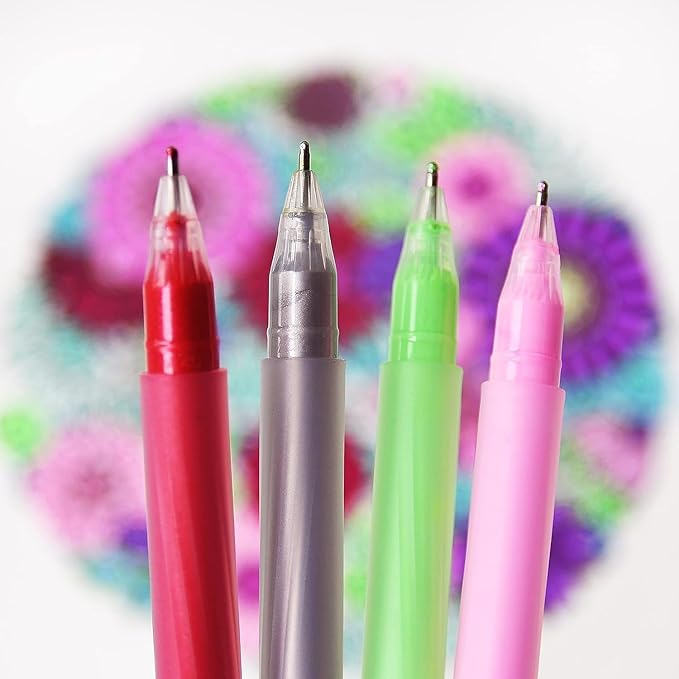 Primrosia 48 Glitter Gel Pens, inc. Metallic, Pastel & Flourescent for Adult Coloring Book & Bullet Journal Pens. No-Bleed-Through in a Variety of Shades, 7.5x More Ink Fine Point Markers Set