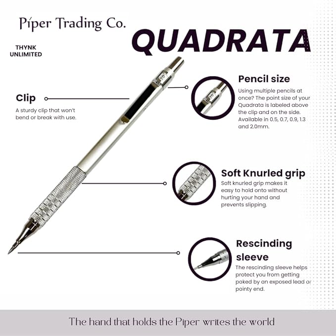 PIPER Quadrata Metal Mechanical Pencil 0.7mm with Erasers and HB #2 Lead Refills for Art, Sketching, Writing, Drafting (Satin Silver)