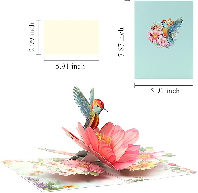 3D Hummingbird and Flower Pop Up Card, Elegant Bird Pop-Up Card with Blooming Flowers for Anniversary, Thank You, Valentines Day, All Occasion