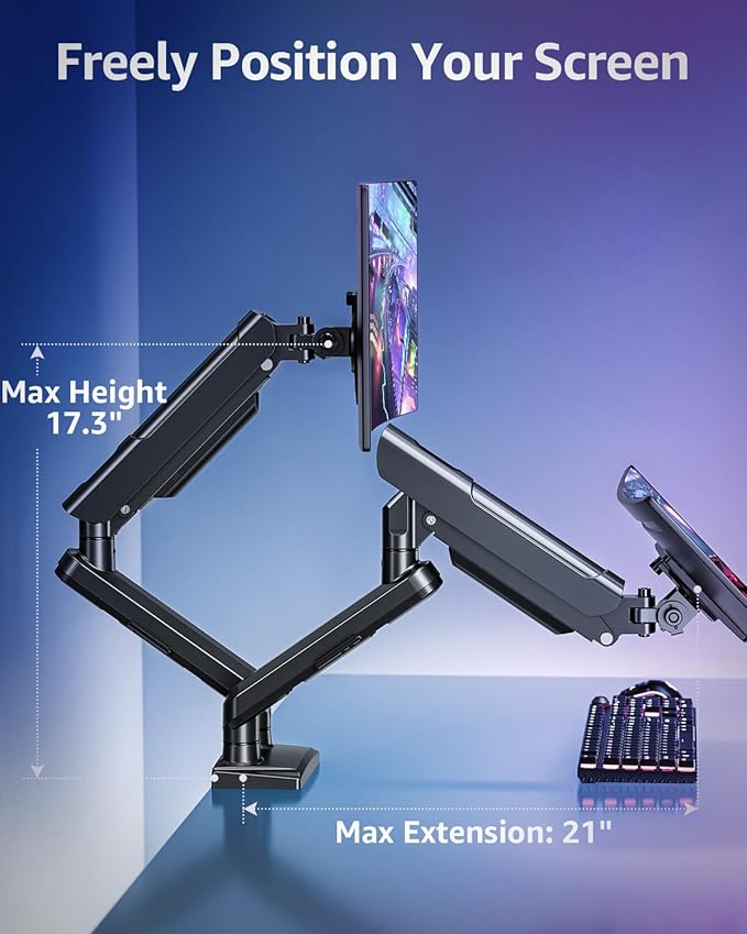 Dual Monitor Mount for 32 27 24 22inch Screens, Gas Spring Monitor Stand for 2 Monitor, Full Adjustable Monitors Desk Mount with C-Clamp&Grommet Base, Each Arm Holds 4.4-22 lbs, Freelift Pro Black