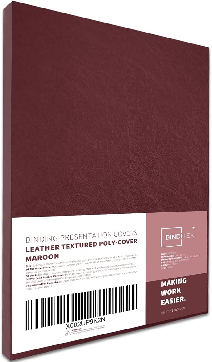 Binditek 50 Pack 16 Mil Leather Textured Polycovers - Binding Presentation Covers for Business Reports and Proposals, 8-1/2 x 11", Maroon, Office Supplies