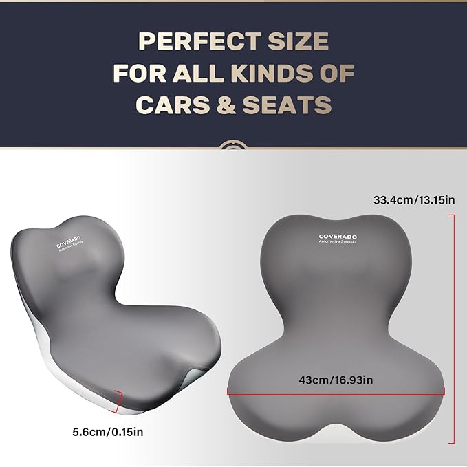 Coverado Seat Cushion and Lumbar Support Pillow One Piece for Car Office Chair, Ergonomic Memory Foam Desk Chair Cushion Back Support Pillow, Sciatica & Back & Tailbone Pain Relief Cushion-Gray