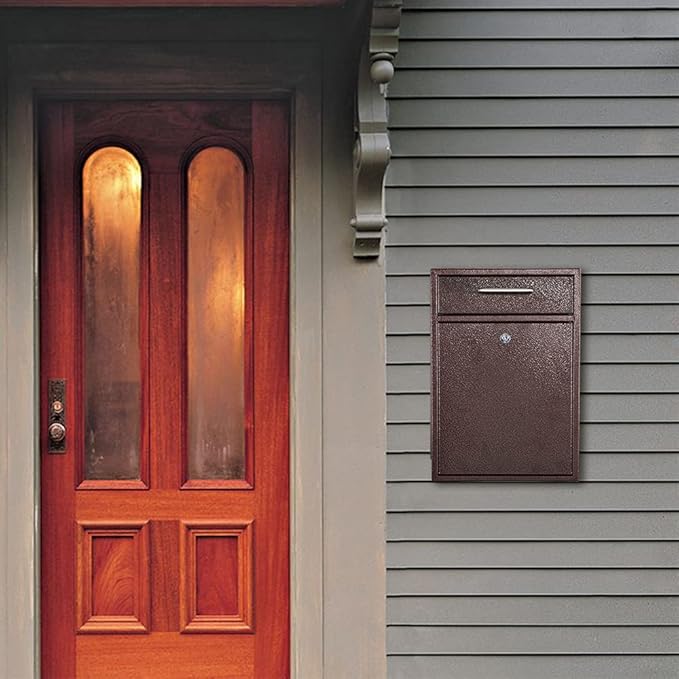 KYODOLED Steel Key Lock Mail Boxes Outdoor,Locking Wall Mount Mailbox,Security Key Drop Box,Collection Boxes,16.2Hx 11.22Lx 4.72W Inches,Bronze X Large