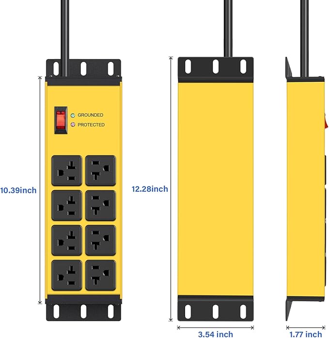 CCCEI Yellow Heavy Duty Power Strip Surge Protector 20 AMP, 8 Outlets 12 Gauge Industrial Shop Garage Metal Multiple Outlets, 25 FT Extension Cord 5-15P Adapter High Amp 6-20R T-Slot 20a for Appliance