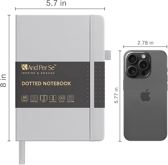 &And Per Se Dotted Journal Notebook, A5 Hardcover Leather Bullet Dotted Journal, 160 Pages 100 gsm Thick Dotted Paper,3 Sheets of Stickers Included - 5.7'' x 8''(Grey)