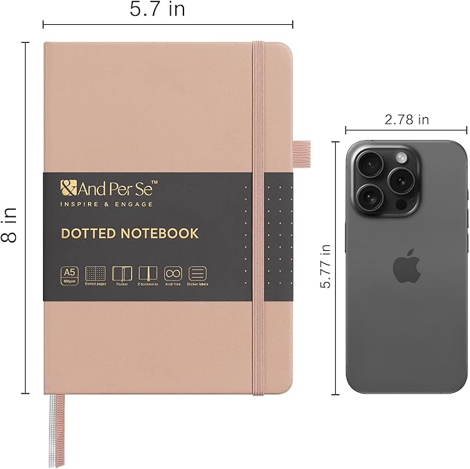&And Per Se Dotted Journal Notebook, A5 Hardcover Leather Bullet Dotted Journal, 160 Pages 100 gsm Thick Dotted Paper,3 Sheets of Stickers Included - 5.7'' x 8''(Apricot)