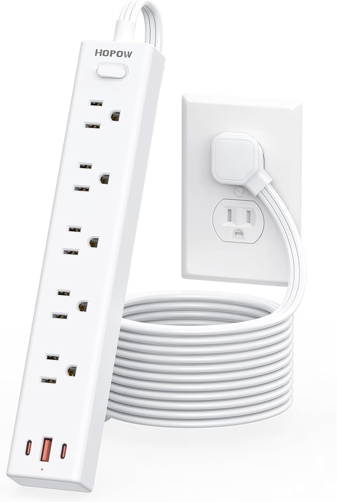 Flat Plug Power Strip, 10 Ft Ultra Thin Flat Extension Cord, Surge Protector with 5 Outlets & 3 USB Ports (2 USB C), 1700 Joules, Wall Mount, Desktop Charging Station for Home Office Dorm, White