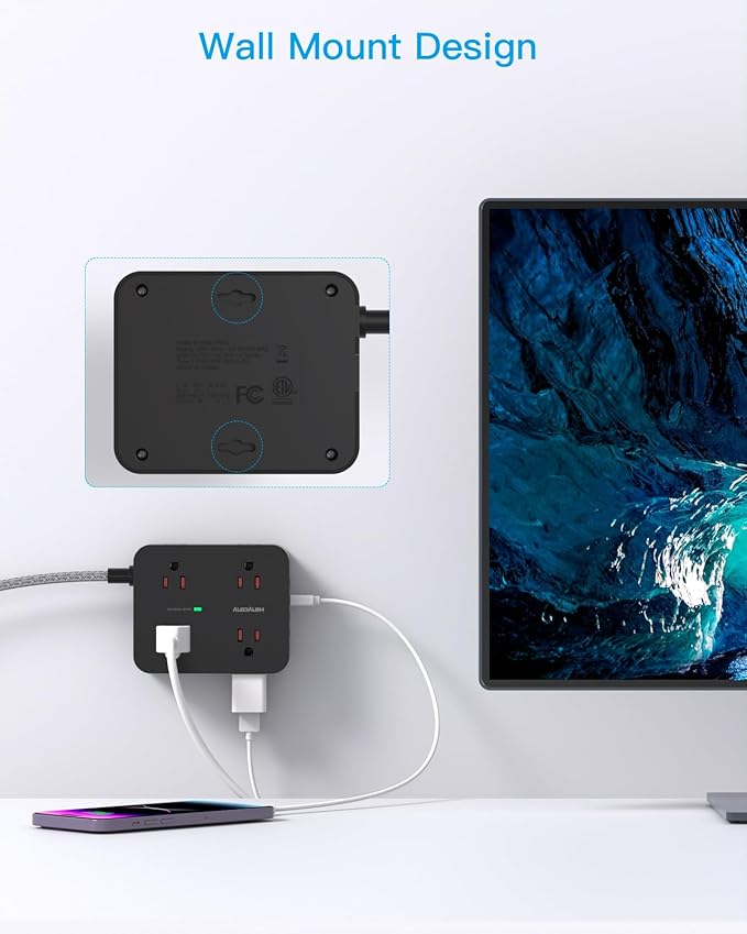 Extension Cord 25 Ft, Surge Protector Power Strip with 8 Outlets 4 USB Ports(2 USB C), Long Cord, Wall Mount, Desk USB Charging Station for Home Office College Dorm Room Essentials