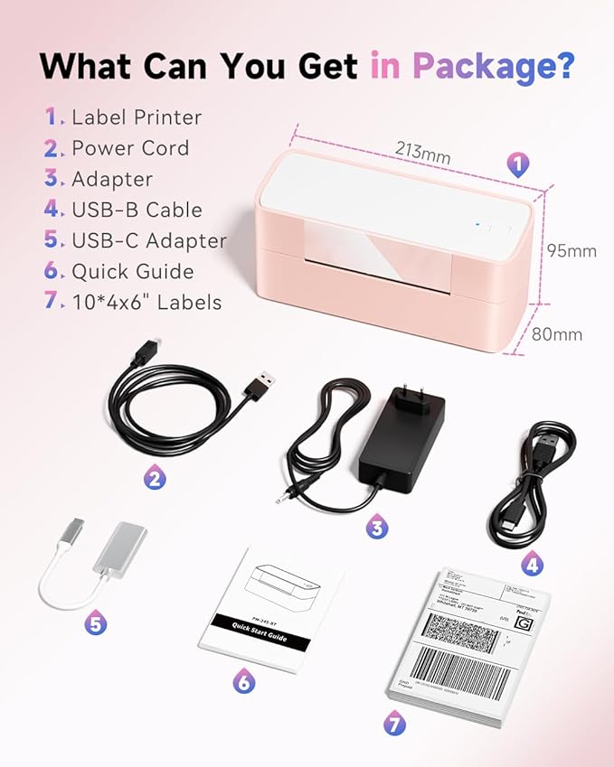 Bluetooth Thermal Label Printer Pink, Wireless 4x6 Thermal Shipping Printer Pink for Small Business & Shipping Package, Desktop Printing, Compatible with Amazon, Ebay, Shopify, Etsy, USPS