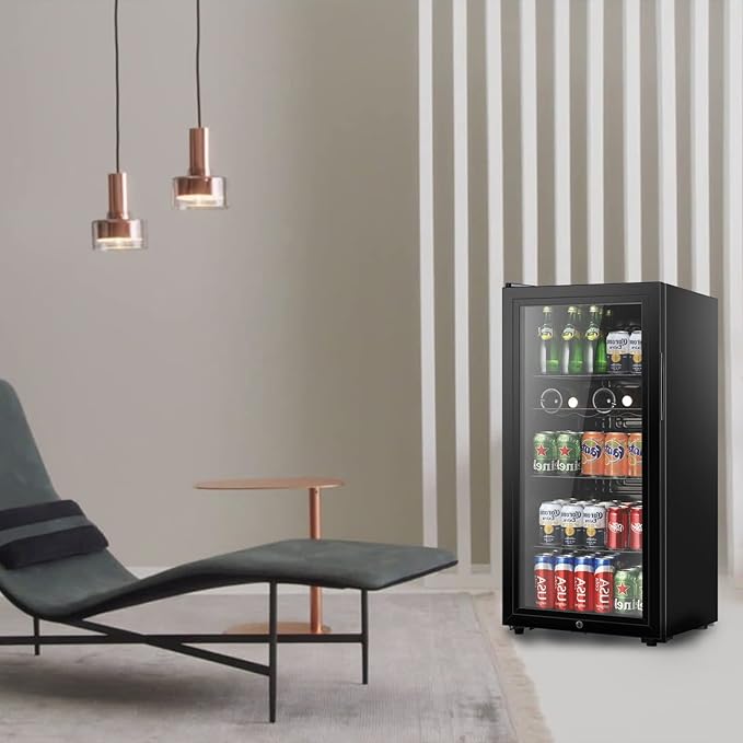 LANG Beverage Refrigerator, 4.5 Cu.Ft, Mini Fridge with Glass Door for Soda Beer, Freestanding Beverage Cooler for Office, Bar, Adjustable Shelving&Adjustable Foot