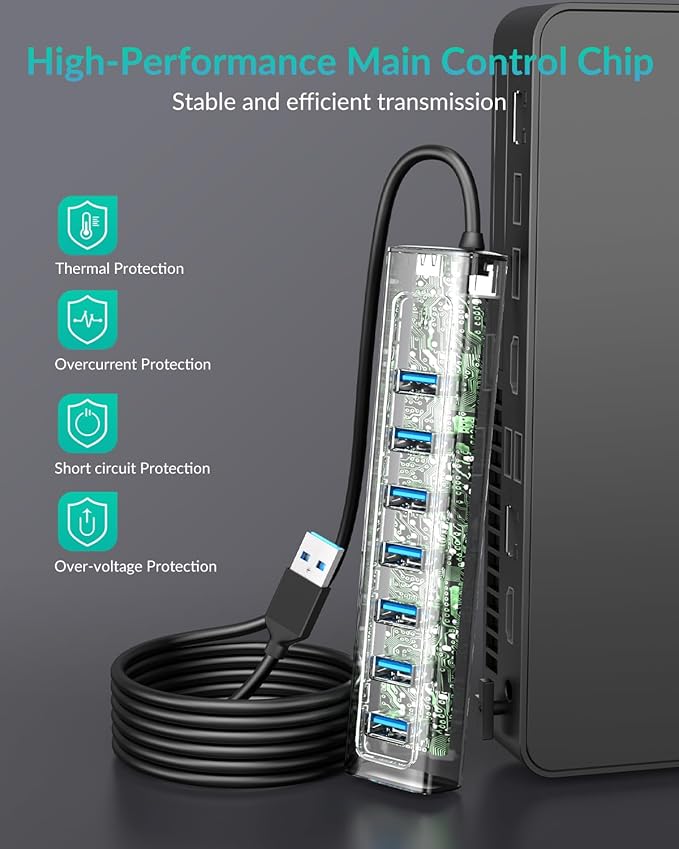 GM7U 7-Port USB 3.0 Hub, 6FT Long Cable, Aluminum, High-Speed, Multi Port Extender Hub, External Expansion Data Hub for PC Laptop, Desktop Computer, Older Mac, Black Grey