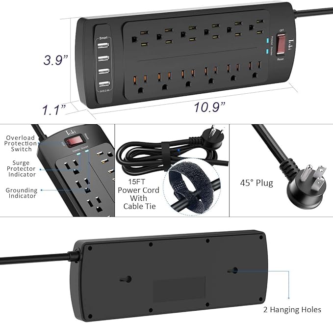 Power Strip, Tcstei Surge Protector with 12 Outlets and 4 USB Ports, 15 Feet Extension Cord (1875W/15A) for Home, Office, Dorm Essentials, 2700 Joules, ETL Listed, Black