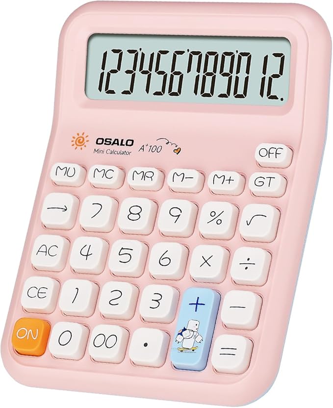 Pendancy Pink Calculator for Kids, Cute Small Calculators Desktop 12 Digit, Basic Function Large LCD Display Big Buttons, for Office, School, Home Use OS-A100 (Pink)