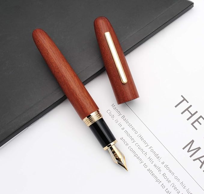 JINHAO 9056 Natural Wood Fountain Pen Handmade Ink Pen (Rosewood, Medium Nib 0.7mm)