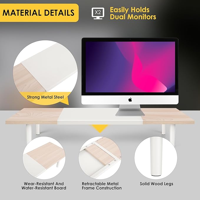 Dual-Monitor-Stand-Riser-For-Desk Adjustable Length 32-40 Inch,Large Desktop Computer Monitor Riser For 2 Screens,Desk Shelf Organizer Riser Stand For Computer/Laptop/PC/Printer/TV Maple