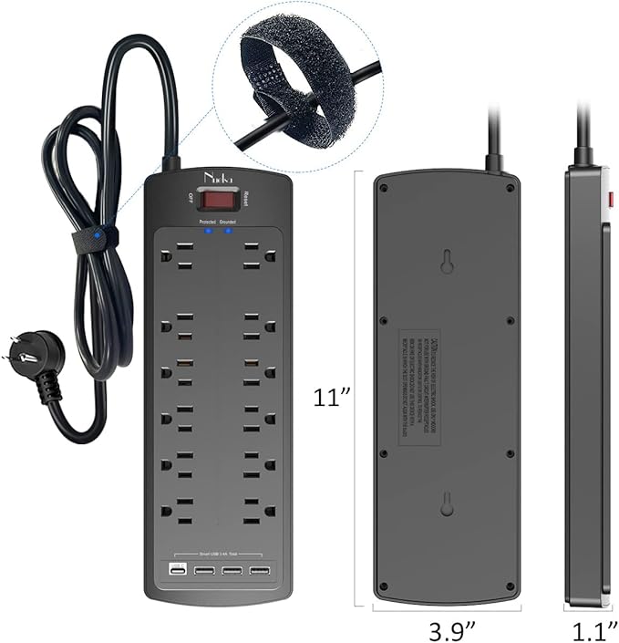 Power Strip, Nuetsa Surge Protector with 12 Outlets and 4 USB Ports, 6 Feet Flat Plug Extension Cord (1875W/15A) for for Home, Office, Dorm Essentials, 2700 Joules, ETL Listed (Black)