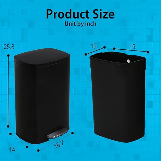 PayLessHere Stainless Steel Trash Can with Lid - Removable Inner Bucket, Foot Pedal Soft Close for Office, Home, Kitchen Garbage Bin (Black, 13 G)