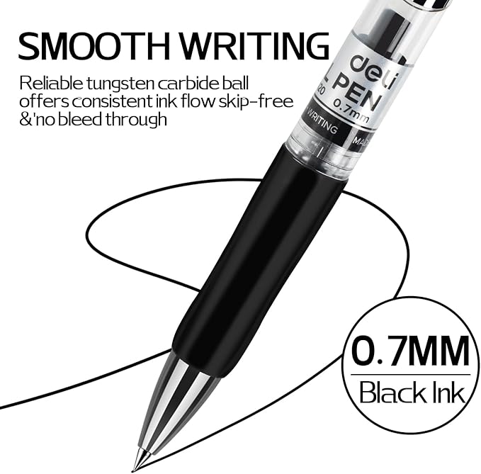 deli Gel Pens, 50 Pcs Retractable Pens Black Ink, 20 Pens with 30 Refills,Medium Point Pen Bulk 0.7mm, Smooth Writing, Fast Dry, No Bleed for Journaling Note Taking, Home School Office Supplies