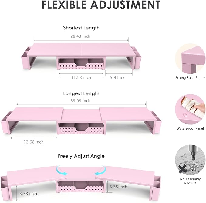 Pink Desk Organizers and Accessories for Women, Dual Computer Monitor Stand Riser with Drawer and 2 Pen Holders, Office Desk Accessories, Workspace Desktop Organization for Office Supplies