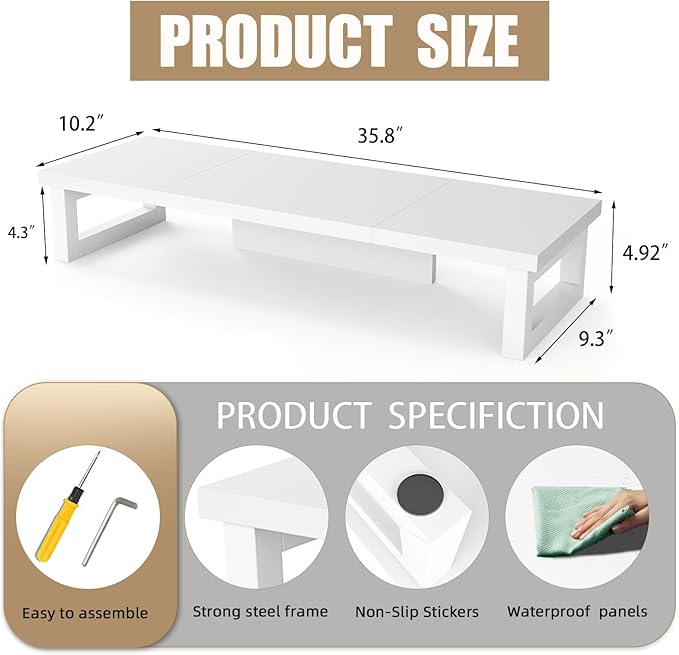 WESTREE Dual Monitor Stand Riser, Wood and Steel Monitor Stand Riser, Computer Monitor Stand for 2 Monitors, Multi-Purpose Desktop Storage Stand for Computer,Laptop,Printer,TV