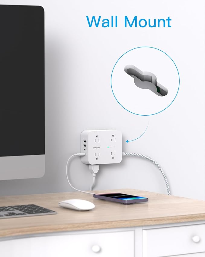 PD 30W USB C Power Strip Surge Protecor, 8 Outlets 4 USB Fast Charger (2 USB C Ports), 1080J Desk Charging Station for Multiple Devices, 6 Ft Flat Plug Extension Cord for College Dorm Room Essentials