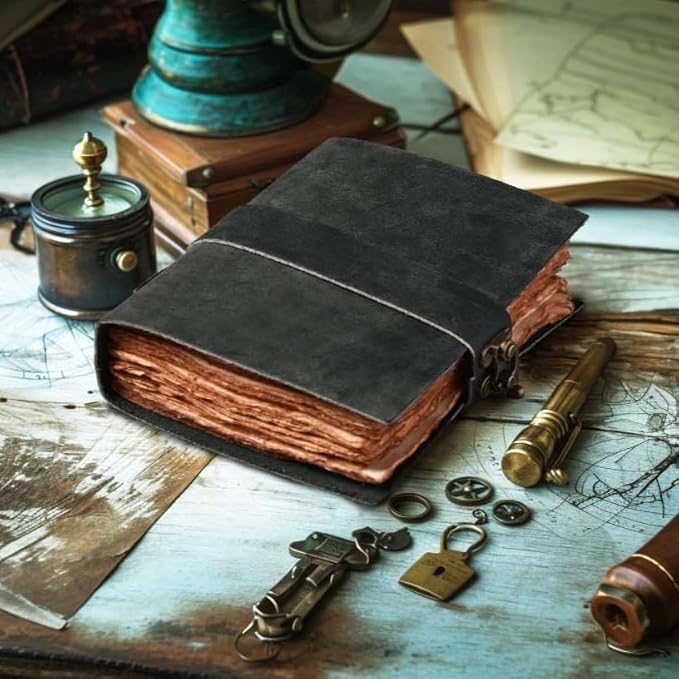 LEATHER VILLAGE Leather Bound Vintage Journal for Women & Men - Book of Shadows - Lock Closure - 200 Pages of Antique Deckle Edges Handmade Paper - Rustic Black Color - 7 X 5 inches