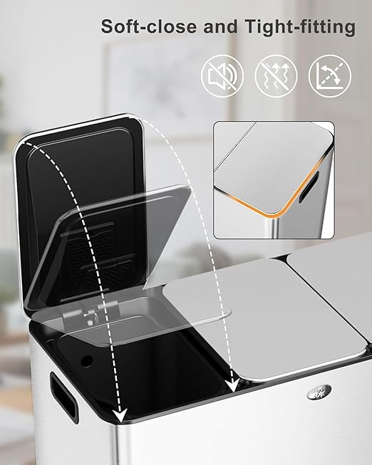 60L/15.9 Gal Gallon Three-Compartment Pedal Stainless Steel Kitchen Recycling Trash Can with Odor Seal, Hands-Free Foot Operated Waste Bin for Home, Office, Restaurant, School, Hospital