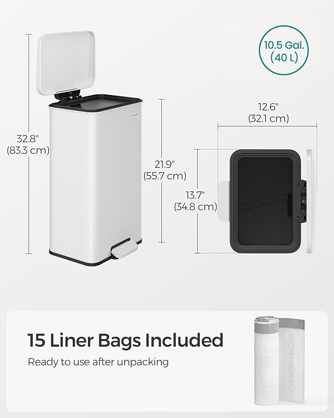 SONGMICS Kitchen Trash Can, 10.5 Gallon (40 L) Garbage Can, Large Step Trash Bin with Lid, Stainless Steel, Soft Close, 15 Trash Bags Included, White ULTB540W40