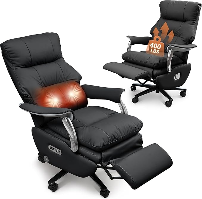 Dual Motor Electric Executive Office Chair with Foot Rest, Comfy Reclining Office Chair with Massage, Big and Tall Heavy Duty Ergonomic Home Office Desk Chairs,Sustainable Leather 400lbs, Black